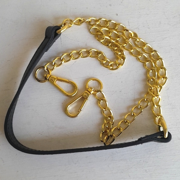 Gold Chain and black leather replacement Bag purse strap - Picture 1 of 7